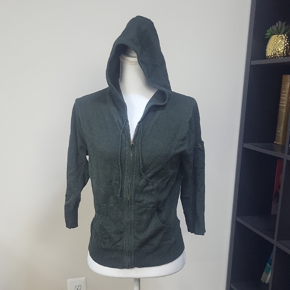CALVIN KLEIN Green Marled Cotton Cashmere Zip Up 3/4 Sleeve Hoodie